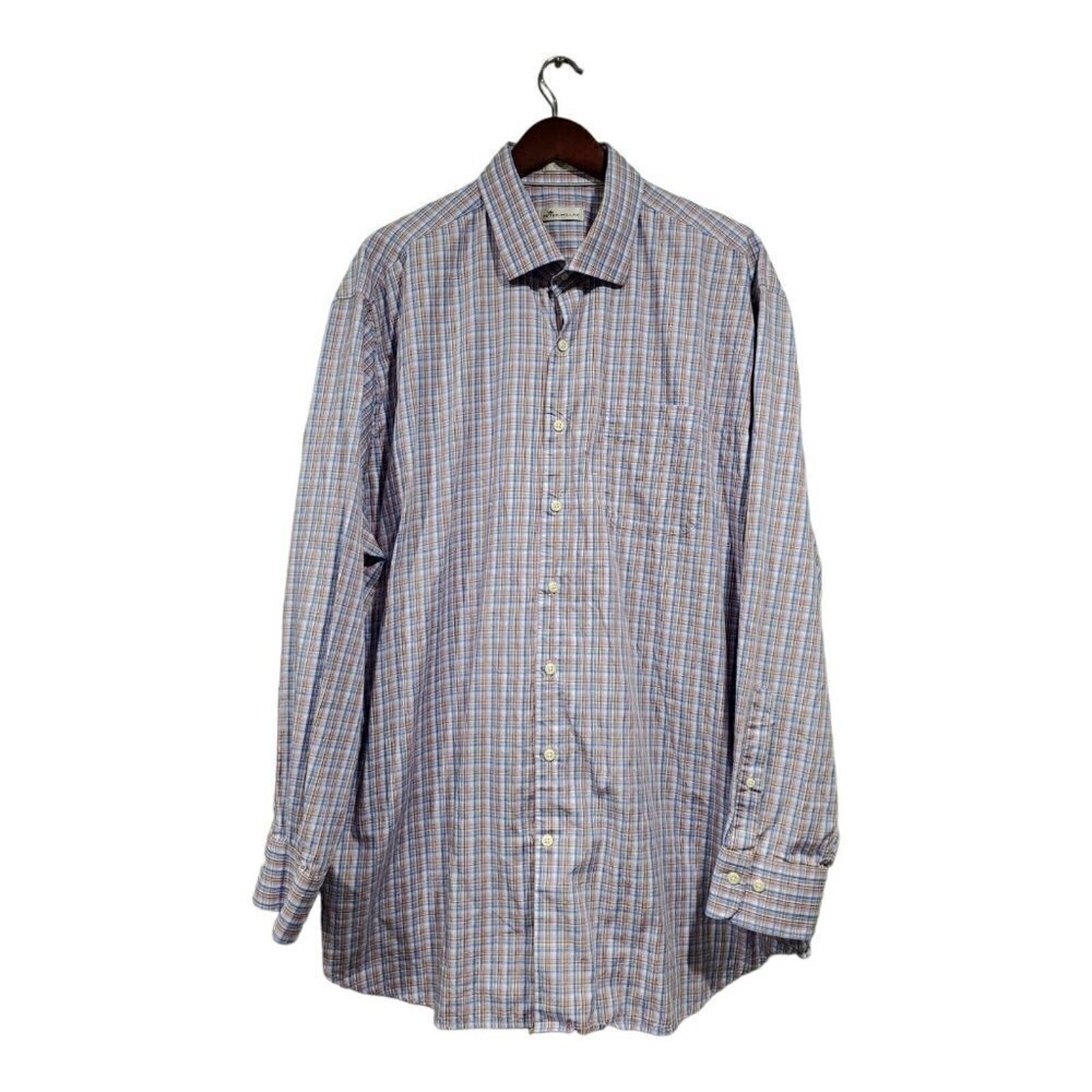 Peter Millar Men's Orange Blue Plaid Button Down Long Sleeve Cotton Shirt Sz XXL